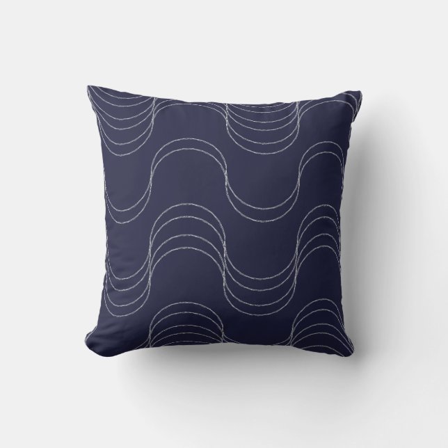 Waves of Calm Midnight Blue Silver Mist Throw Pillow (Front)