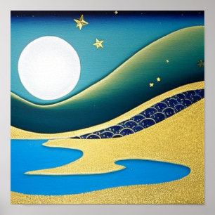 Waves of Gold at Night Poster