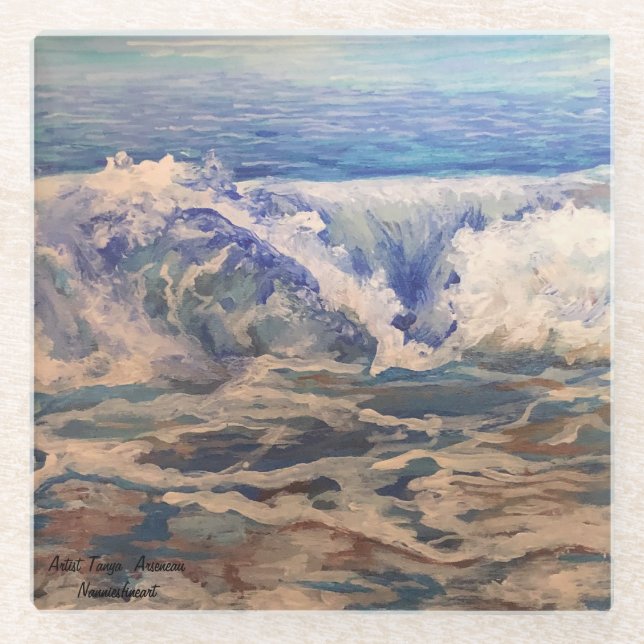 Waves Original Hand Painted Art Glass Coaster (Front)