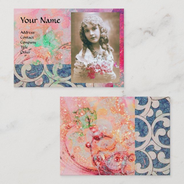 WAVES,PINK AQUA BLUE FLORAL SWIRLS PHOTO TEMPLATE BUSINESS CARD (Front/Back)