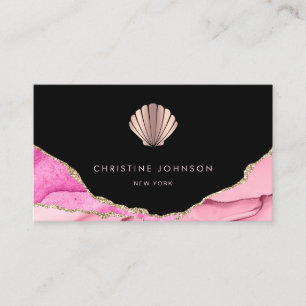 waves pink seashell design on black business card