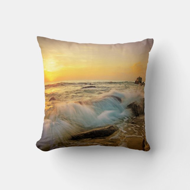 WAVES & ROCKS Sunset Seascape Throw Pillow (Front)