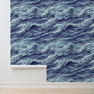 Waves seamless pattern ocean blue illustration  wallpaper