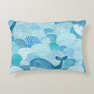 Waves, whale, childish blue texture accent pillow