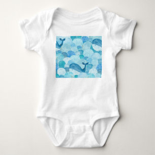 Waves, whale, childish blue texture baby bodysuit