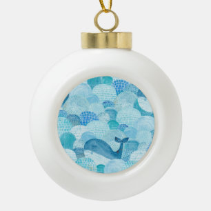 Waves, whale, childish blue texture ceramic ball christmas ornament