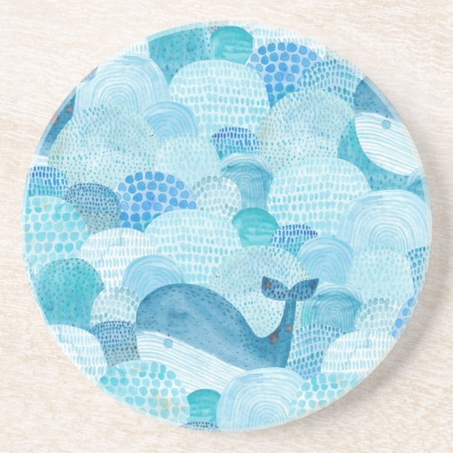 Waves, whale, childish blue texture coaster (Front)