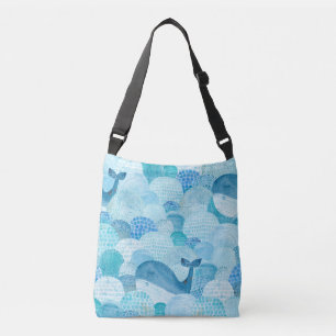 Waves, whale, childish blue texture crossbody bag