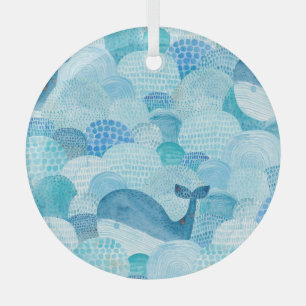 Waves, whale, childish blue texture glass ornament