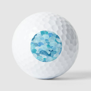 Waves, whale, childish blue texture golf balls