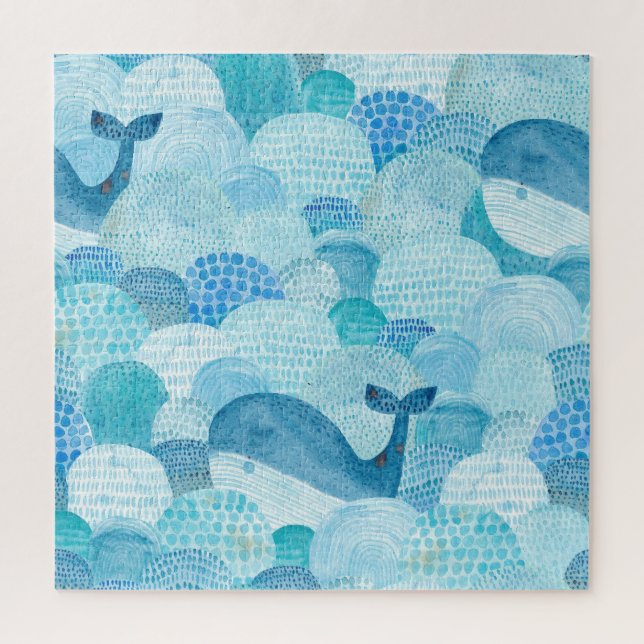 Waves, whale, childish blue texture jigsaw puzzle (Vertical)