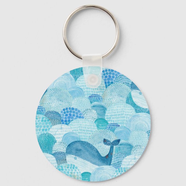 Waves, whale, childish blue texture keychain (Front)