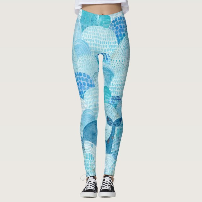 Waves, whale, childish blue texture leggings (Front)