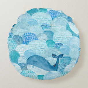 Waves, whale, childish blue texture round pillow