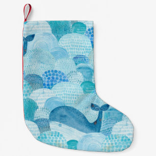 Waves, whale, childish blue texture small christmas stocking
