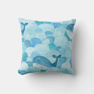 Waves, whale, childish blue texture throw pillow