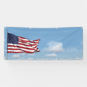 waving American Flag and sky blank Banner
