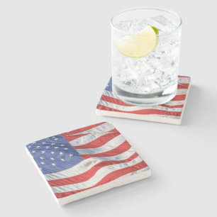 Waving American Flag Patriotic Stone Coaster