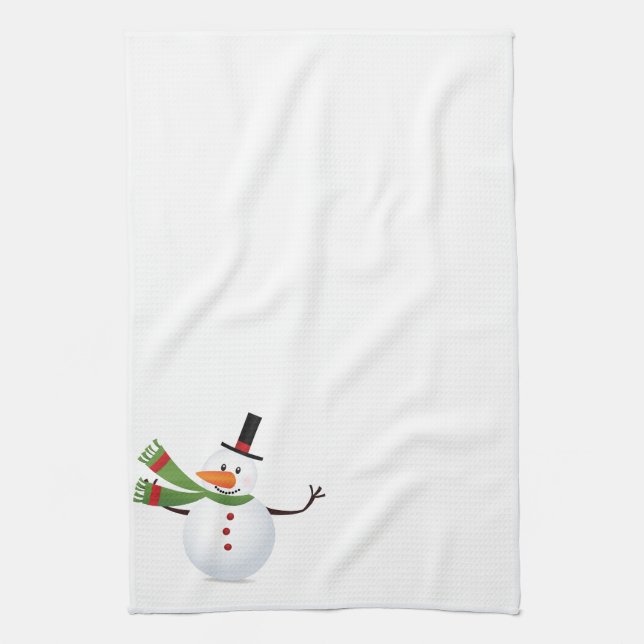 Waving Carrot Nose Snowman Kitchen Towel (Vertical)