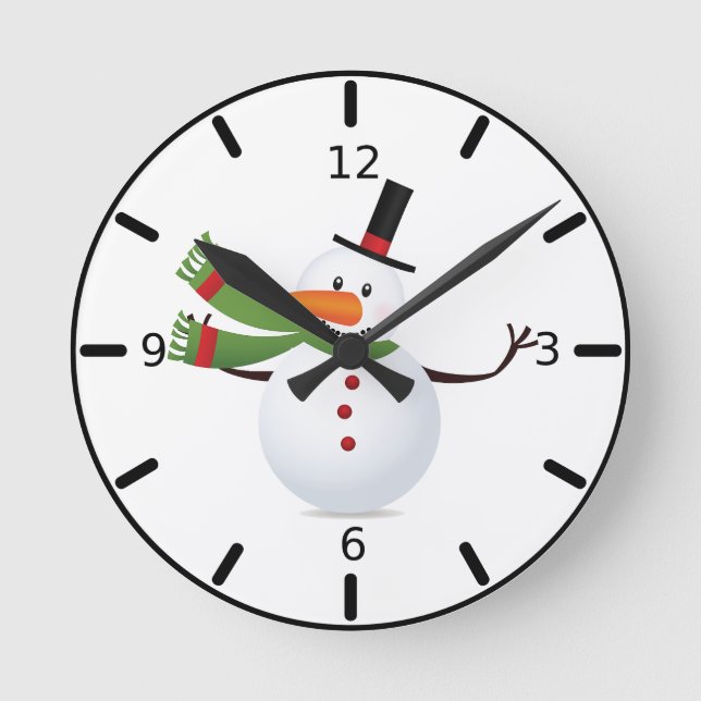 Waving Carrot Nose Snowman Round Clock (Front)