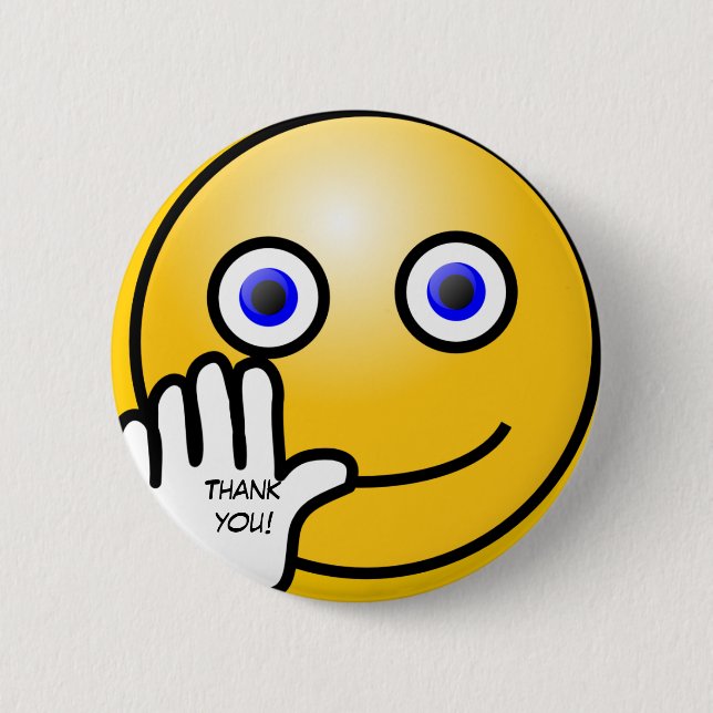 Waving emoticon thank you! 2 inch round button (Front)