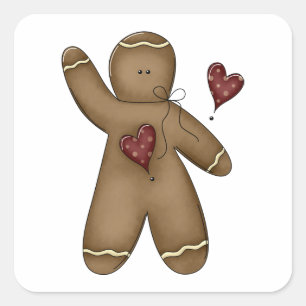 Waving Gingerbread Man with Polka Dot Hearts Square Sticker