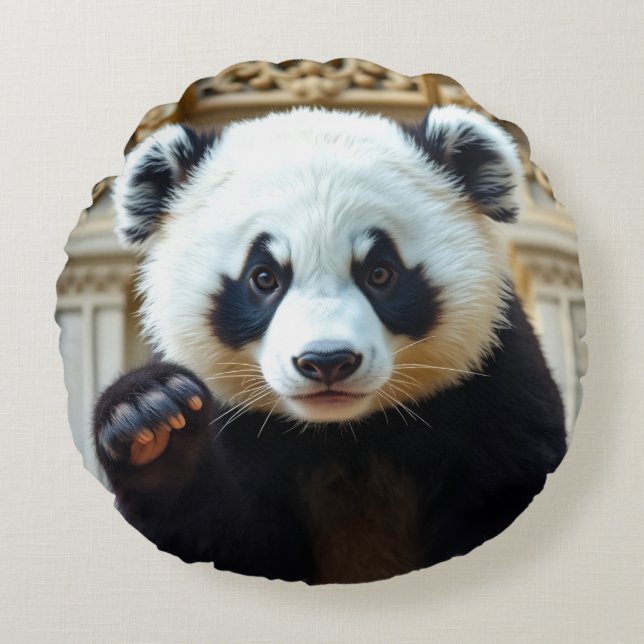 Waving Panda Design Round Pillow (Front)