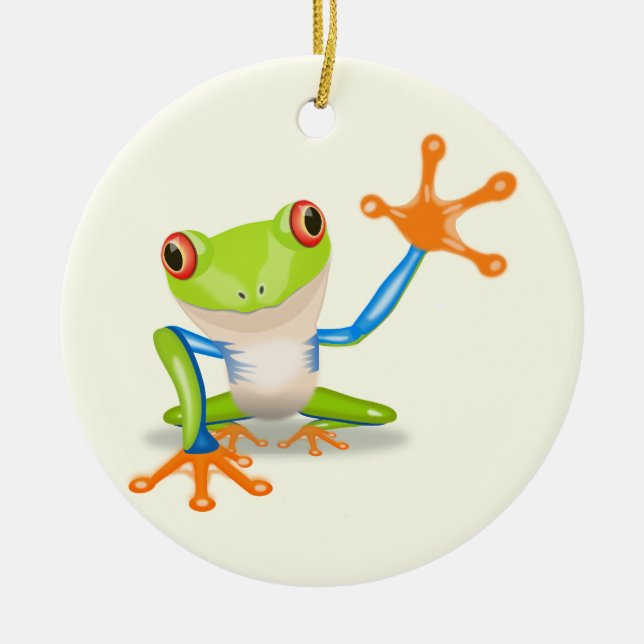 Waving red eyed tree frog illustration ceramic ornament (Front)