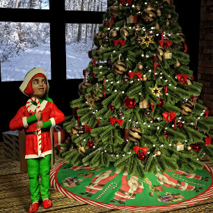 Waving Santa and Elves Brushed Polyester Tree Skirt