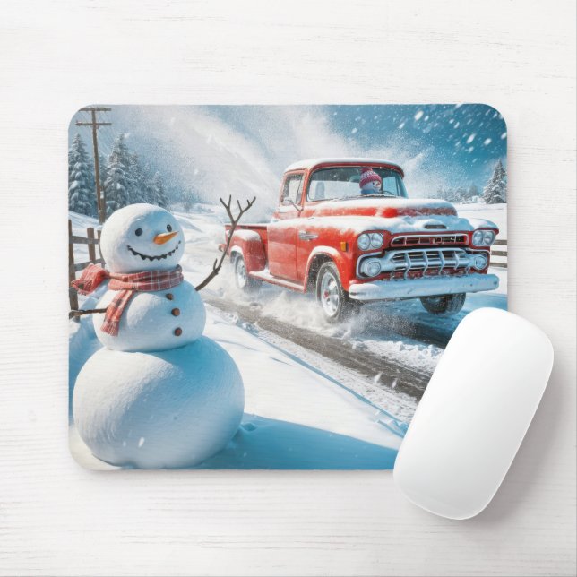 Waving Snowman With a Red Retro Truck Mouse Pad (With Mouse)