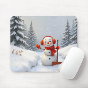 Waving Snowman With a Red Shovel Mouse Pad