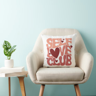 Wavy 70s Font "Self Love Club" Hearts Throw Pillow
