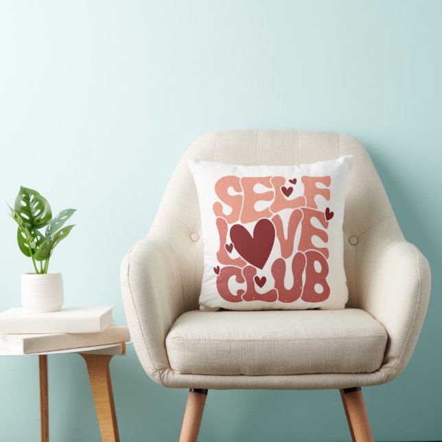Wavy 70s Font "Self Love Club" Hearts Throw Pillow (Chair)