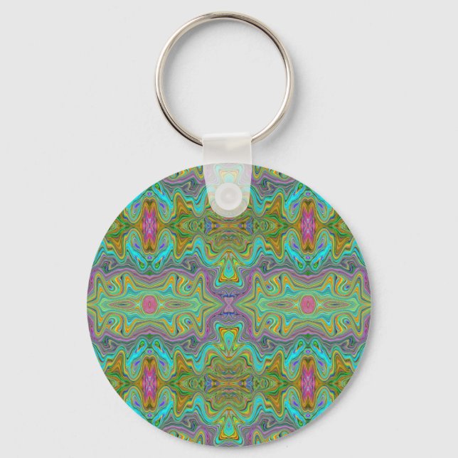 Wavy Aqua Blue and Orange Trippy Pattern Keychain (Front)