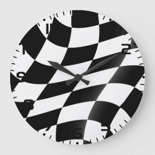 Wavy Black and White Chequered Flag Racing Large Clock