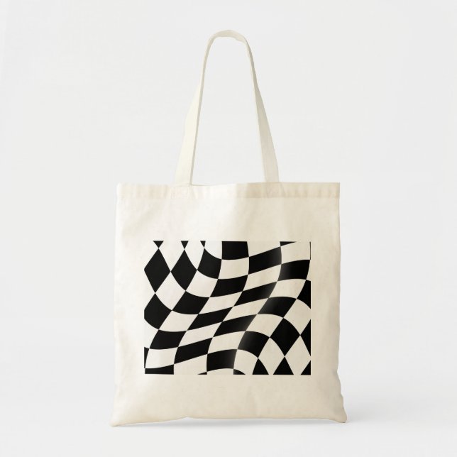 Wavy Black and White Chequered Flag Racing Tote Bag (Front)