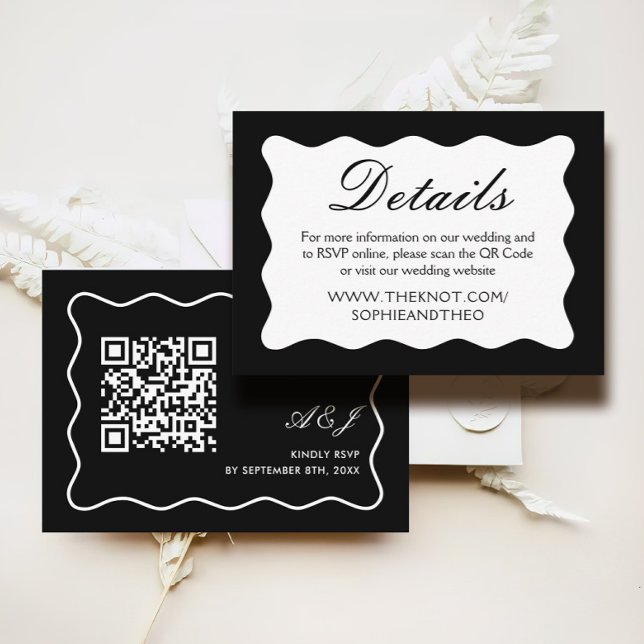 Wavy Black and White Wedding Details Qr Code Enclosure Card (Creator Uploaded)