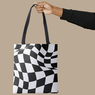 Wavy Black & White Checkered/Chess Board Pattern Tote Bag