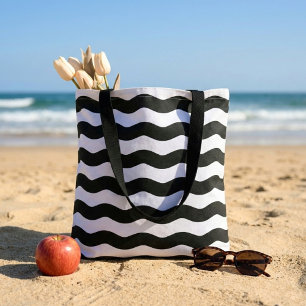 Wavy black white stripes modern tote bag
