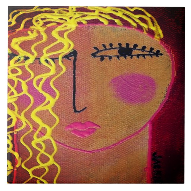 Wavy Blonde Hair Abstract Portrait of a Woman Tile (Front)