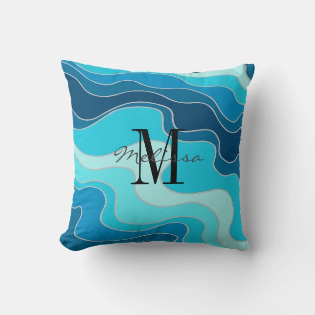 Wavy Blue Abstract Ocean Waves Monogrammed Throw Pillow (Front)