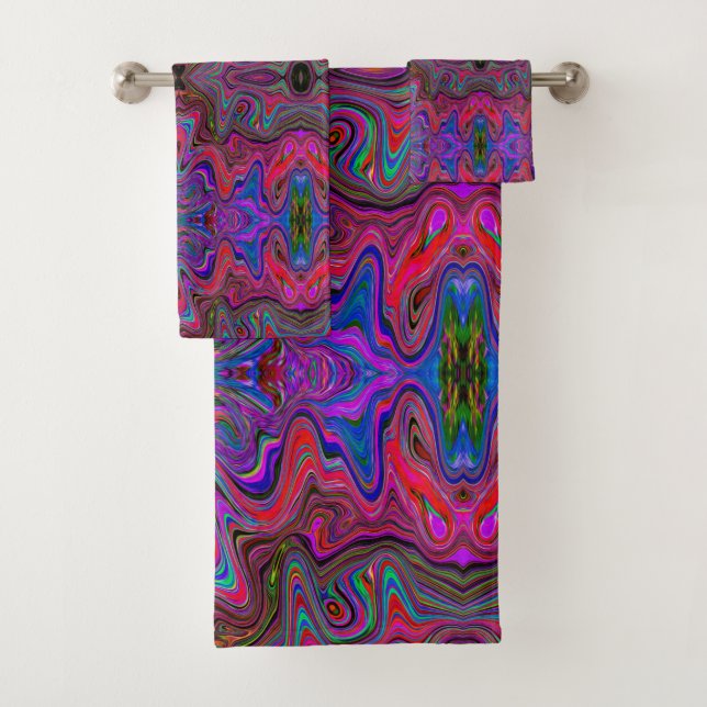 Wavy Blue and Rainbow Red Trippy Pattern Bath Towel Set (Insitu)