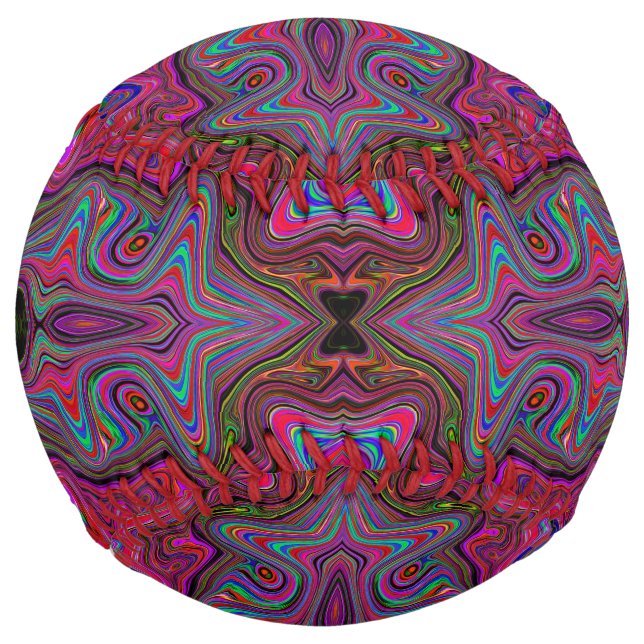 Wavy Blue and Rainbow Red Trippy Pattern Softball (Front)