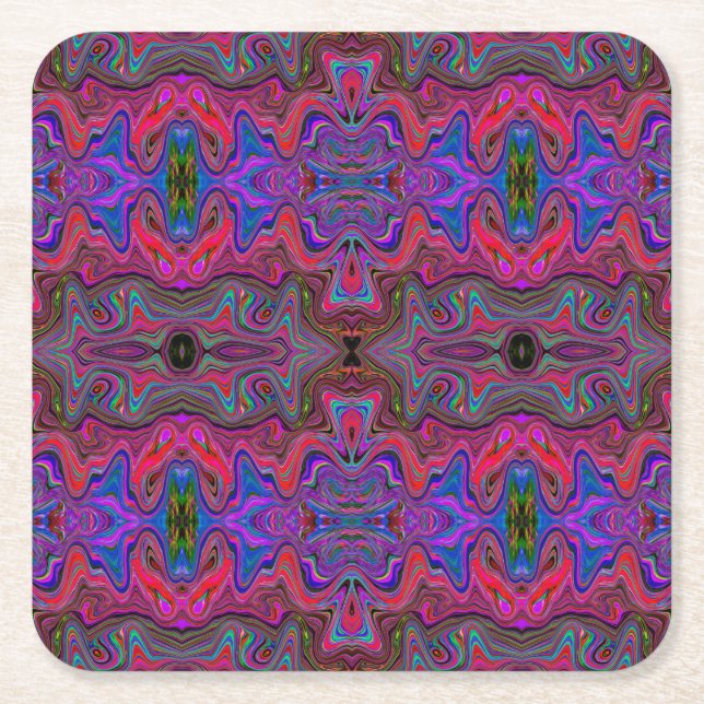 Wavy Blue and Rainbow Red Trippy Pattern Square Paper Coaster (Front)