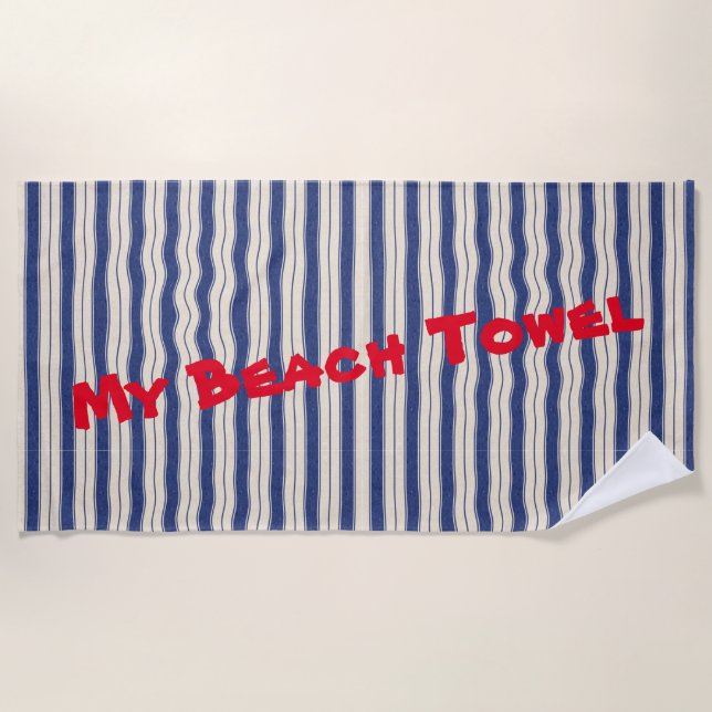 Wavy Blue and White Stripes Beach Towel (Front)