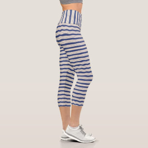 Wavy Blue and White Stripes Combo Capri Leggings