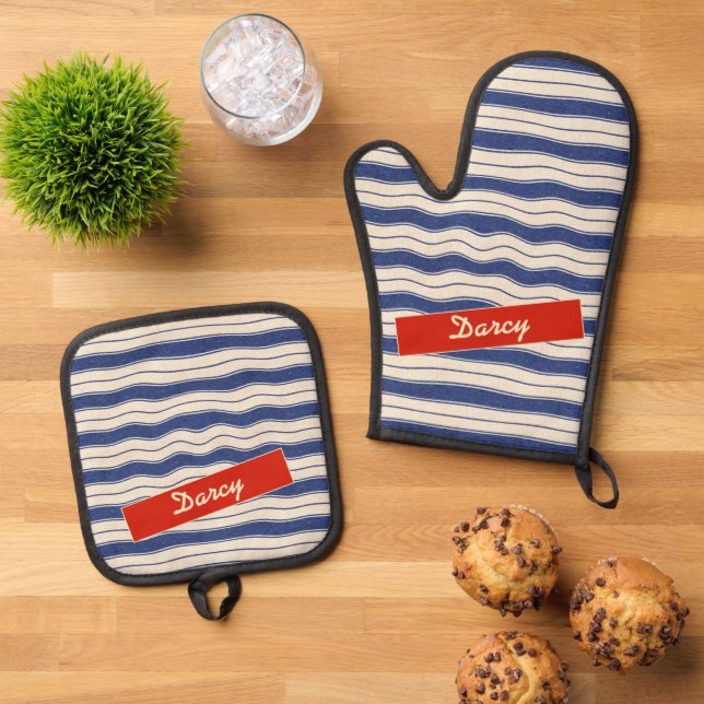 Wavy Blue and White Stripes Oven Mitt & Pot Holder Set (Top Down)