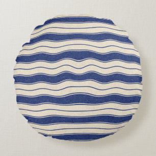 Wavy Blue and White Stripes Round Pillow