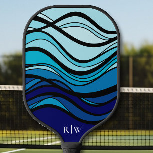 Wavy blue Geometric Graphic Monogram Pickleball Paddle