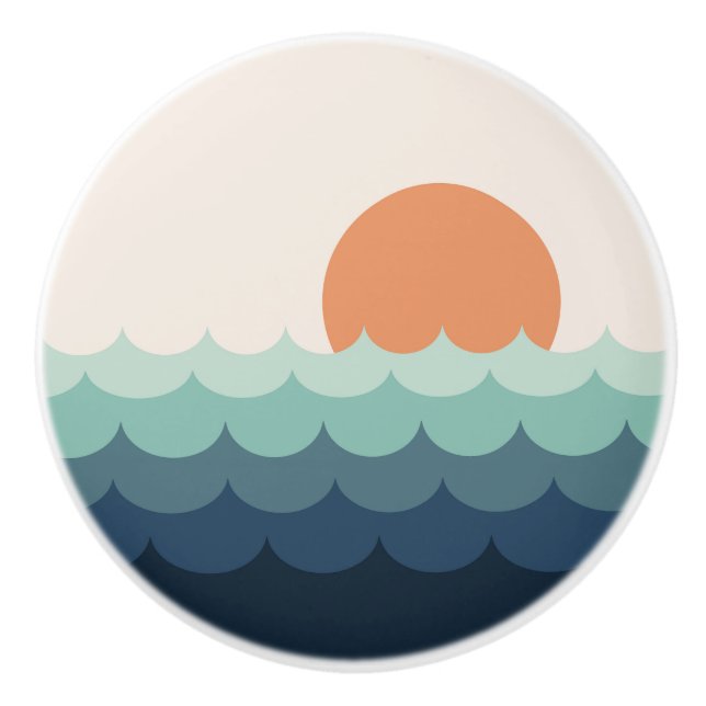 Wavy blue ocean at sunset ceramic knob (Front)